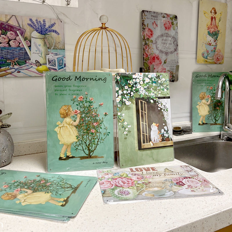 ภาพวาดดีบุกรูปดอกไม้ย้อนยุคสวนระเบียงชนบทผนังกลางแจ้งตกแต่งเก่า