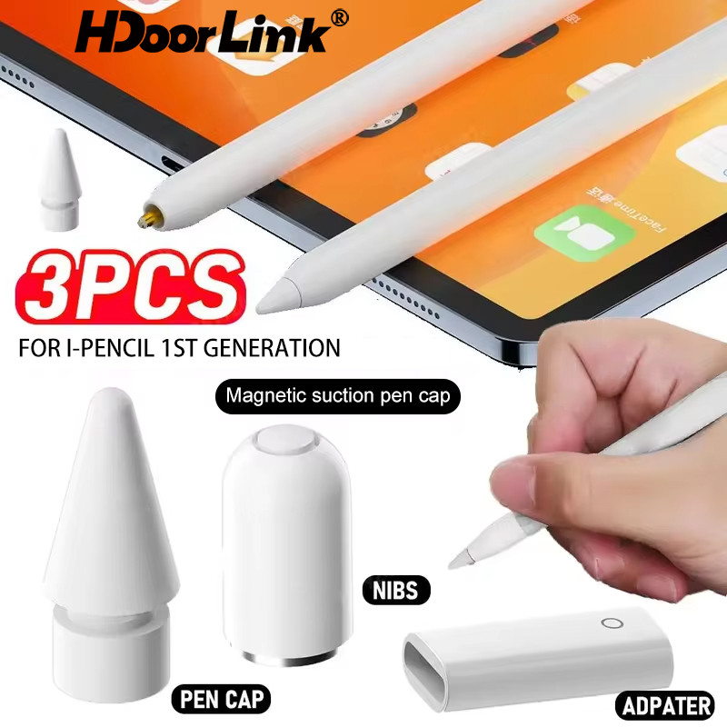 Hdoorlink Magnetic Replacement iPencil Cap+Nib+อะแดปเตอร์ชาร์จ 3-in-1 อะแดปเตอร์ชาร์จ Plug and Play สําหรับ Aple Pencil 1