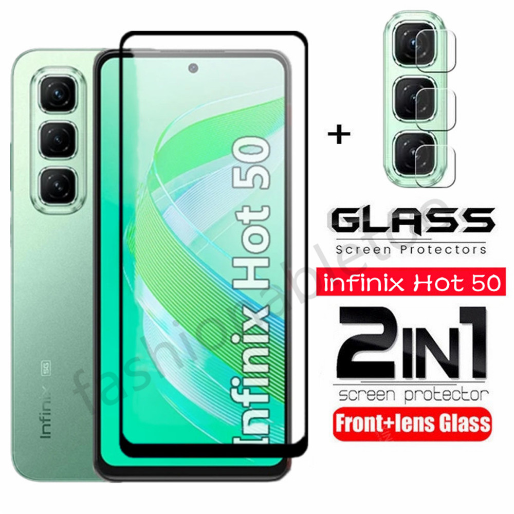 2 in 1 ป้องกันหน้าจอกระจกนิรภัยฟิล์มสําหรับ infinix Hot 50 i 50i 50pro + 50proplus 40 pro 40pro 40i Hot50i Hot40pro Hot40i กล้องกลับเลนส์ป้องกันคลุมทั้งหมดฟิล์มด้านหน้า