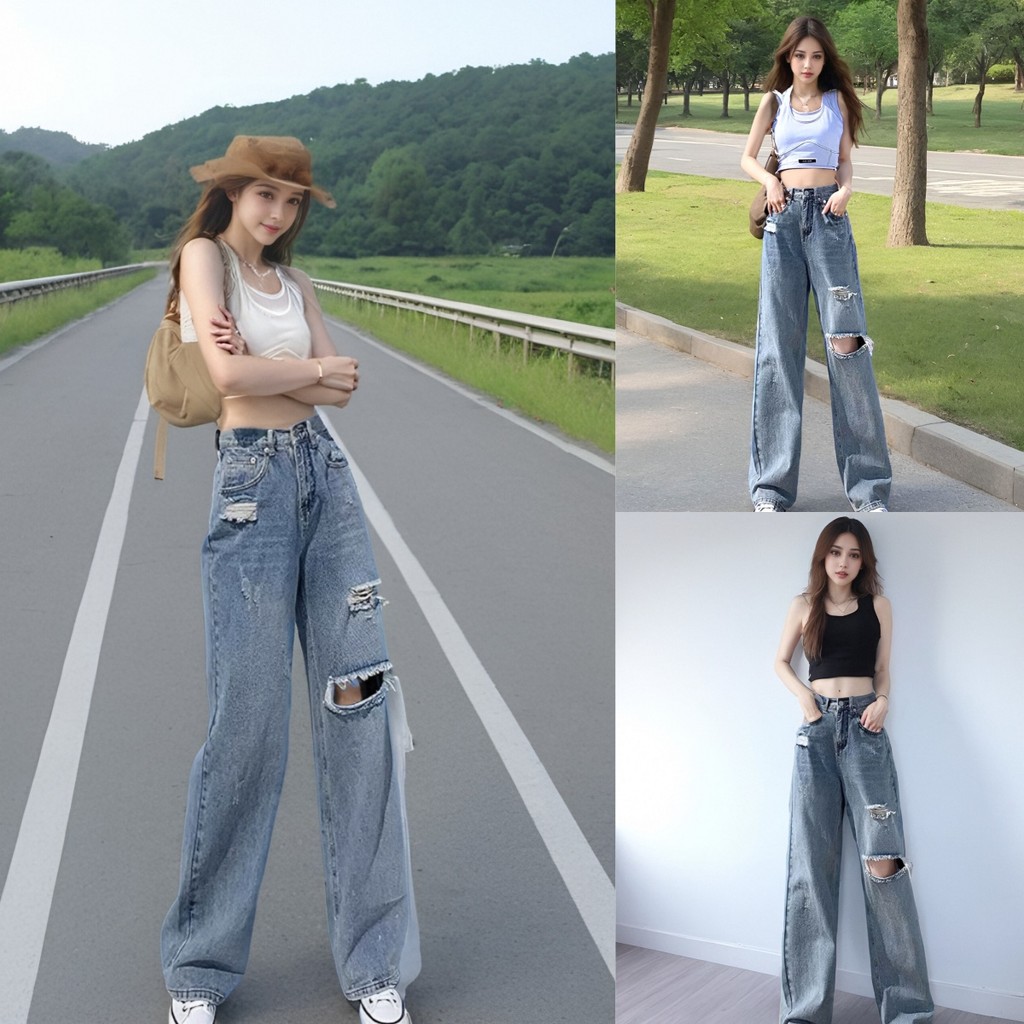 กางเกงขายาวยีนส์สีฟ้าอ่อนสไตล์เกาหลีพร้อมส่ง ดีไซน์ทันสมัย สวมใส่สบายและดูดี