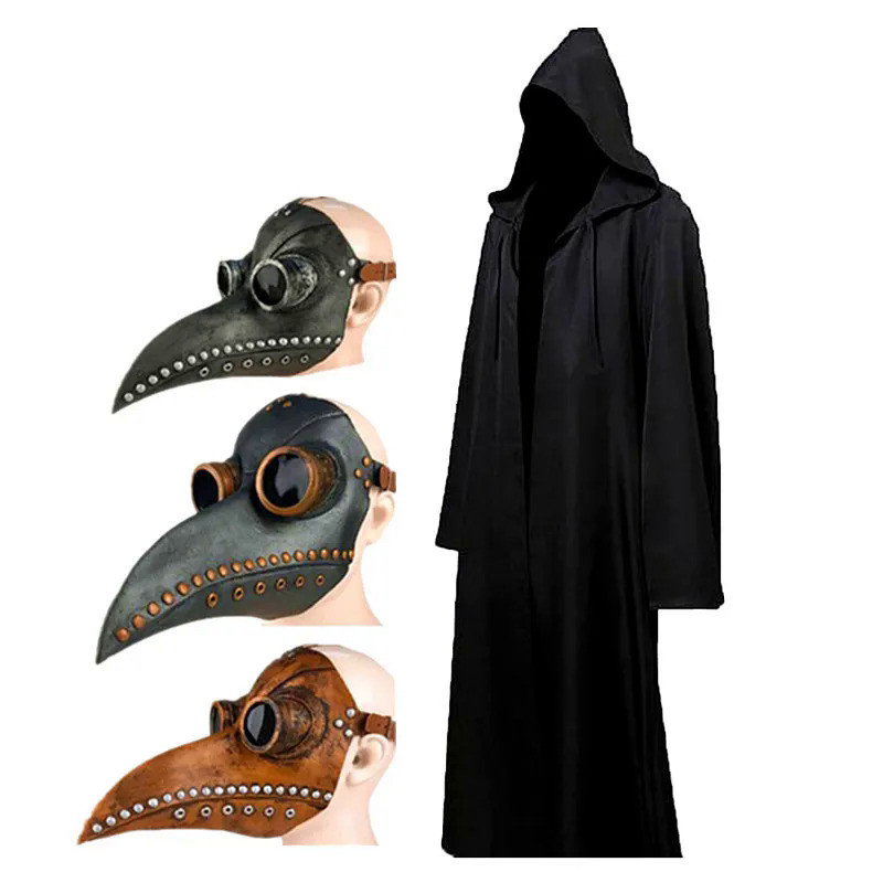 Halloween Cloak Plague Doctor Mask Cosplay Costume Sorcerer Long Shirt Hooded Black Robe Adult and C