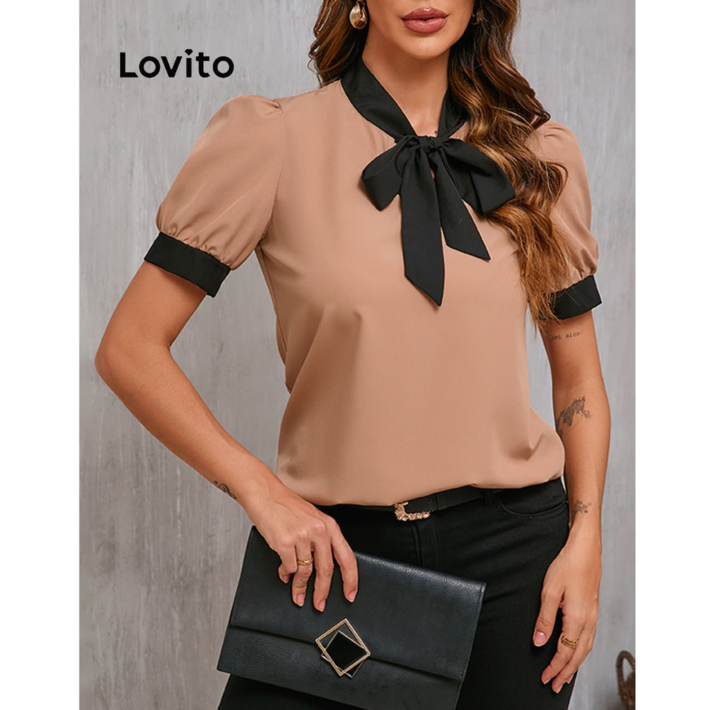 Lovito เสื้อเบลาส์เย็บผ้าลูกไม้เรียบหรูสำหรับผู้หญิง LBL17340