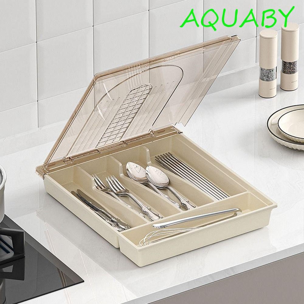 Aquaby Silverware ลิ้นชัก Organizer,ขนาดใหญ่ความจุฝาปิดโปร่งใส 5 ช่อง Flatware Organizer,ปฏิบัติกันฝุ่นช้อนส้อมพลาสติกสําหรับ Home