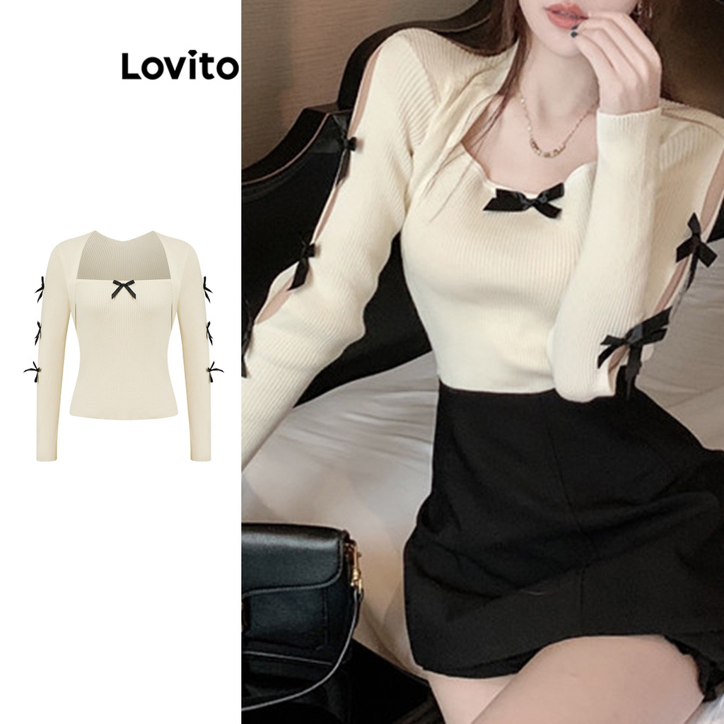 Lovito โบว์ธรรมดาน่ารักน่ารัก สีบล็อกตัดเสื้อกันหนาวสำหรับผู้หญิง L102AD204