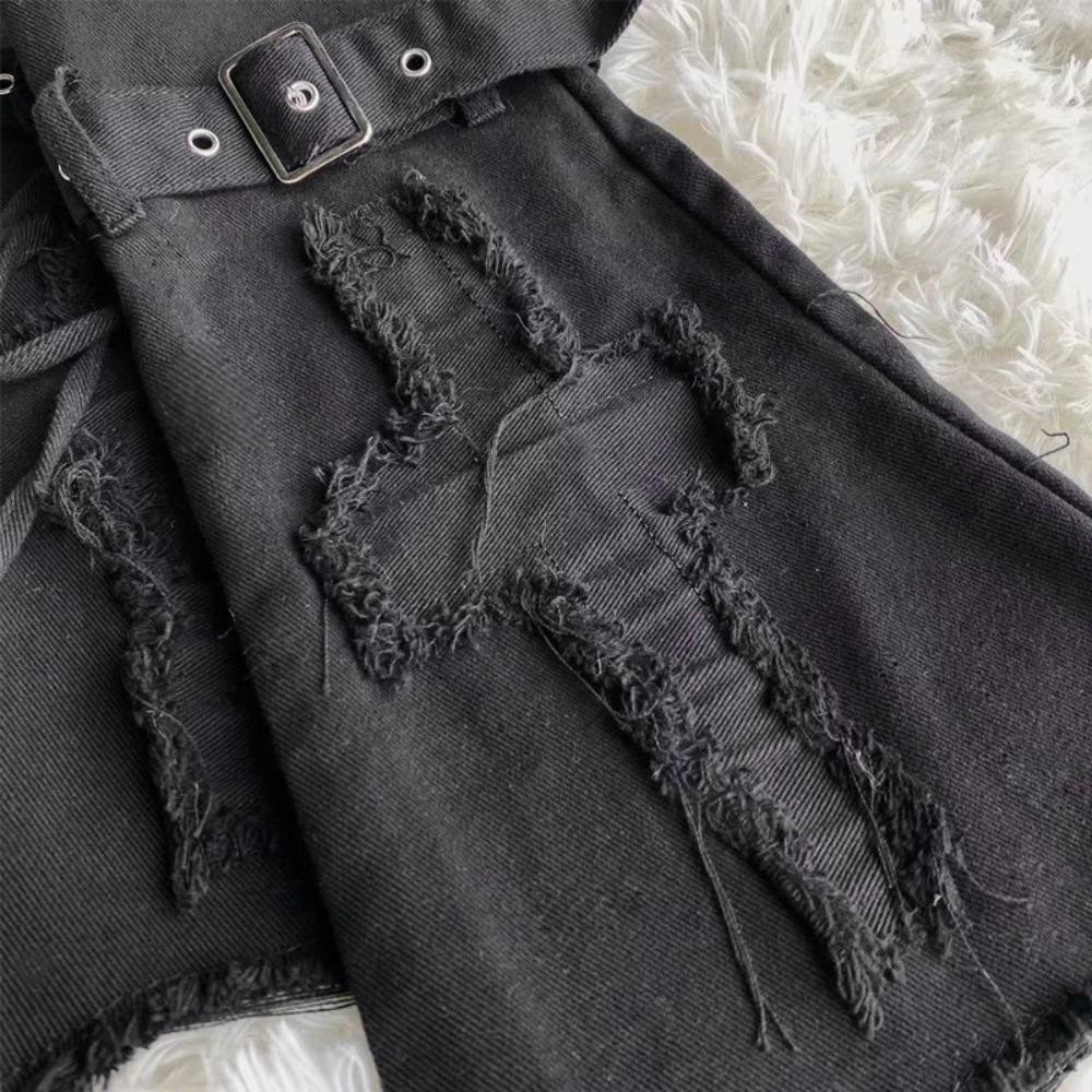 ปลอกขาน่องวินเทจฮาราจูกุ สีดํา สายรัดยีนส์สไตล์ Punk Y2k สําหรับผู้หญิง - รูปที่ 6