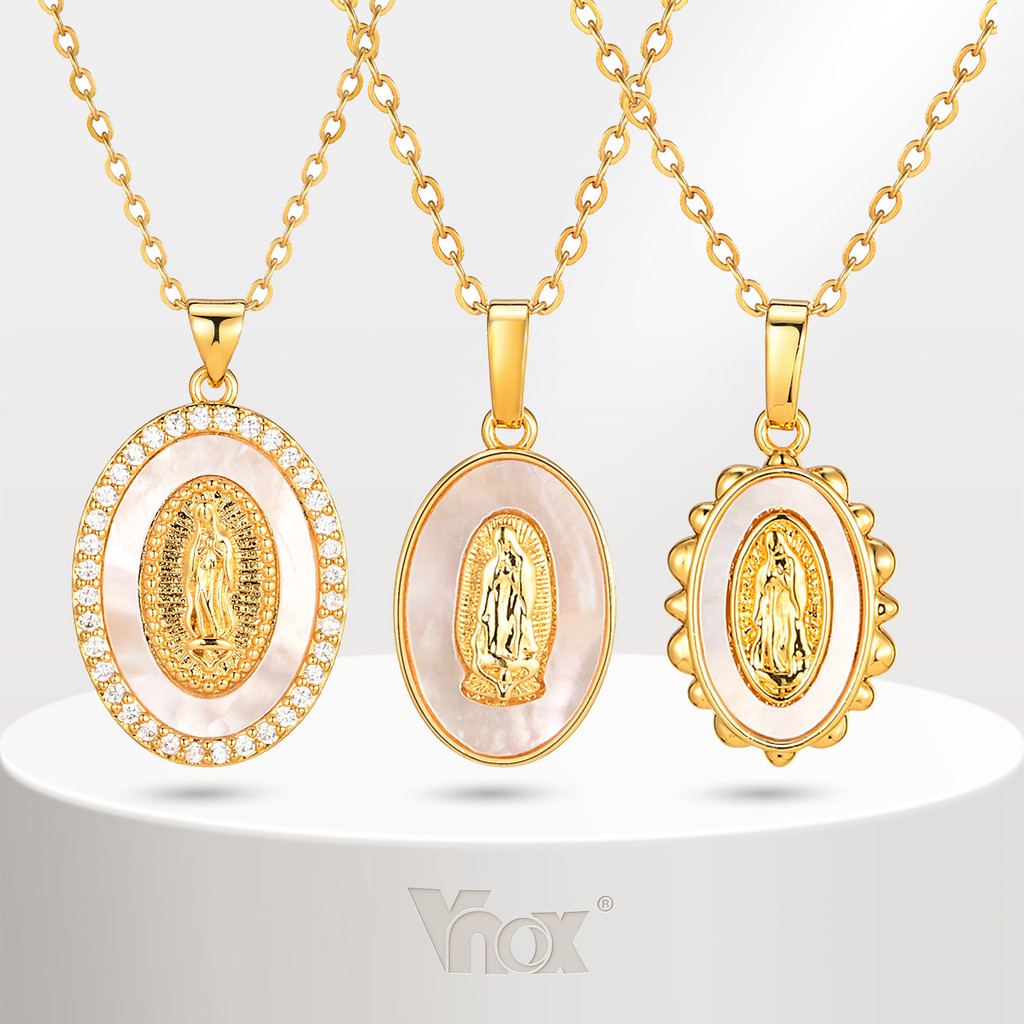 Vnox Shell Virgin Mary Pendant Necklace,Gold Color Oval Guadalupe Faith Chain Link,สร้อยคอสแตนเลส