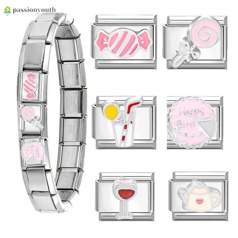 สร้อยข้อมือลูกอมสีชมพูอิตาเลี่ยน Charm Links Fit สร้อยข้อมือ 9 มม.เครื่องประดับสแตนเลส DIY ทํา