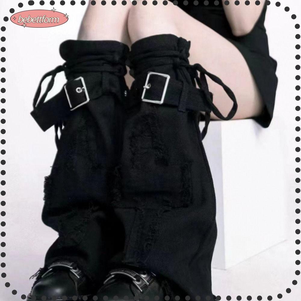 Bebettkiss เครื่องอุ่นขา, ผ้าคลุมขายีนส์สีดํา Harajuku Y2k, ปลอกขาสายรัดสายรัด Punk Vintage