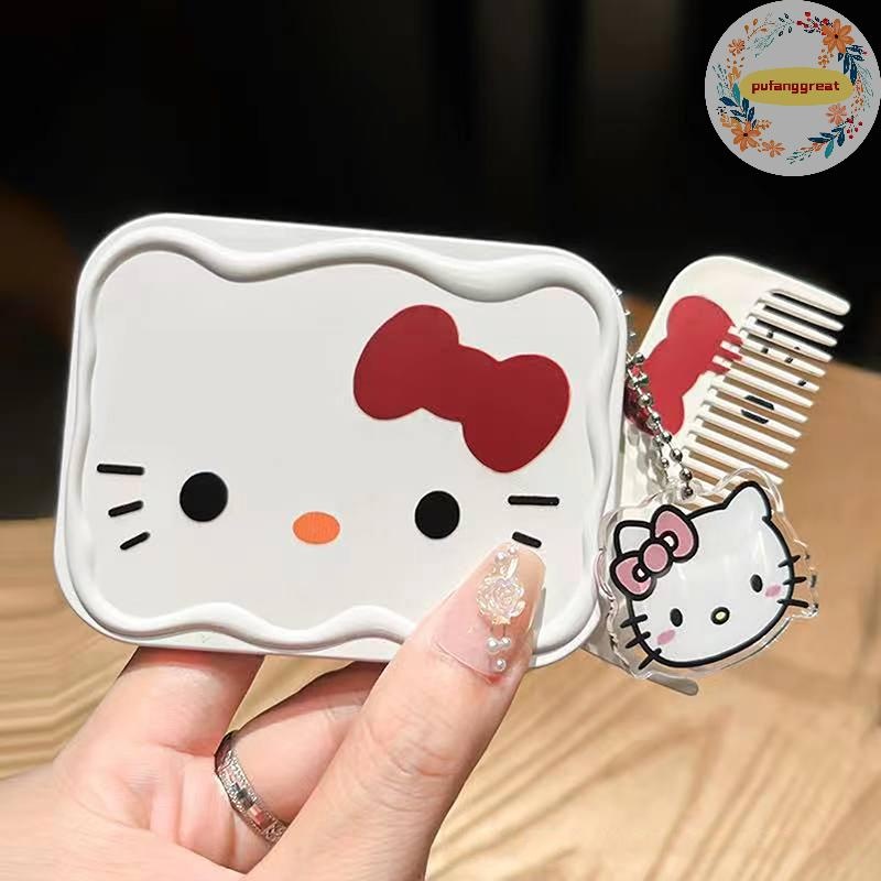 Pufanggreat Sanrio Hello Kitty Mini กระจกแต่งหน้าพับพร้อม Com แบบพกพาน่ารักสําหรับผู้หญิงสาว Mini กระจกแต่งหน้ามือถือ TH