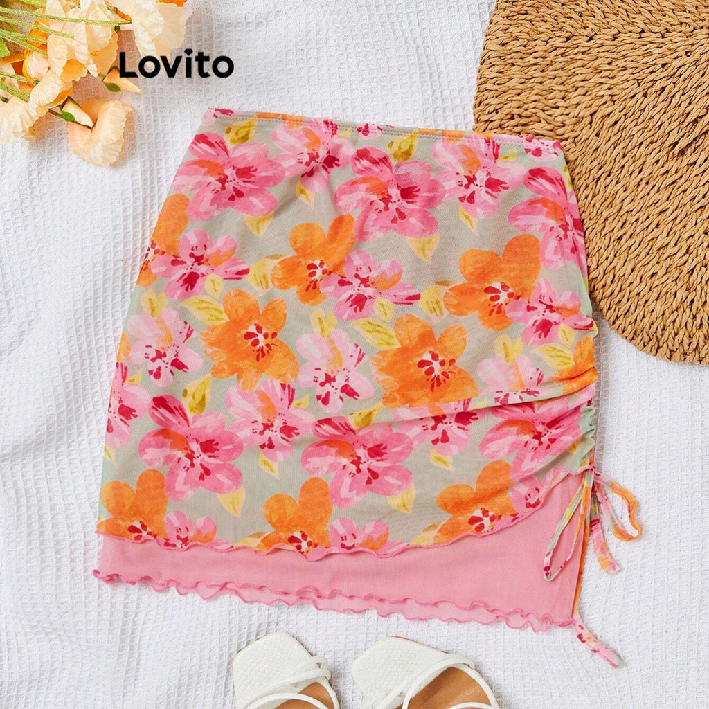 Lovito กระโปรงผู้หญิง ลายดอกไม้ ผูกหน้า สไตล์น่ารัก L90AD029
