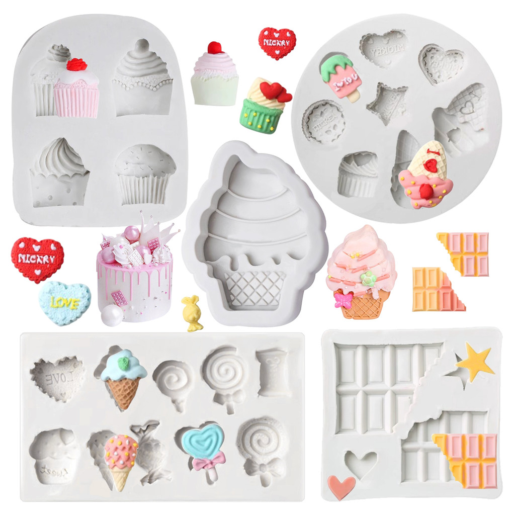 Kailaen 5 รูปแบบขนมรูปร่างซิลิโคน Fondant แม่พิมพ์ Cupcake,ไอศกรีม,ลูกอม,ช็อกโกแลตรูปร่าง Fondant แม่พิมพ์ DIY Sugarcraft,Clay แม่พิมพ์ซิลิโคนสําหรับตกแต่งเค้ก