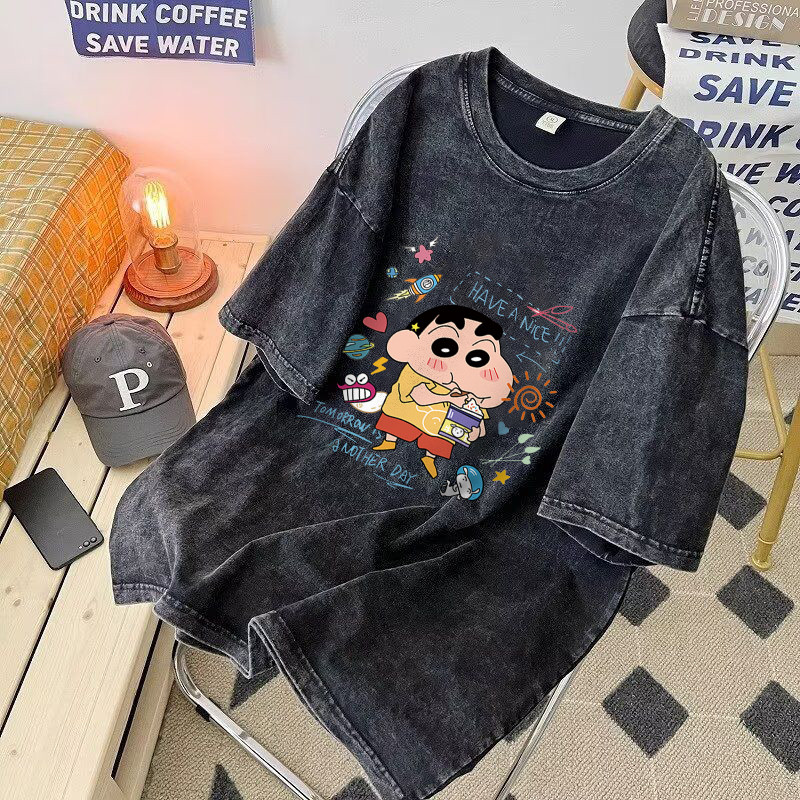 เสื้อยืดการ์ตูน Qkoole เสื้อยืดผ้าฟอก oversize ผ้าคอตตอน100% เสื้อยืดคอกลมแขนสั้น H000652