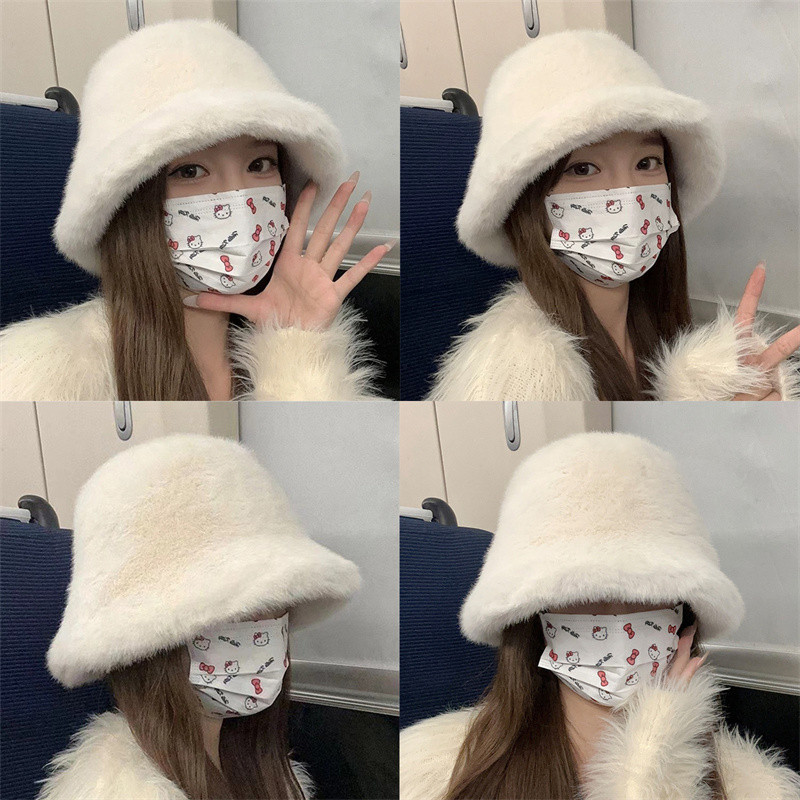 Fluffy Faux Fur หมวกผู้หญิงหนา Plush หมวกฤดูหนาว Lady แฟชั่นหมวกชาวประมงเกาหลี Furry หมวก Y2k