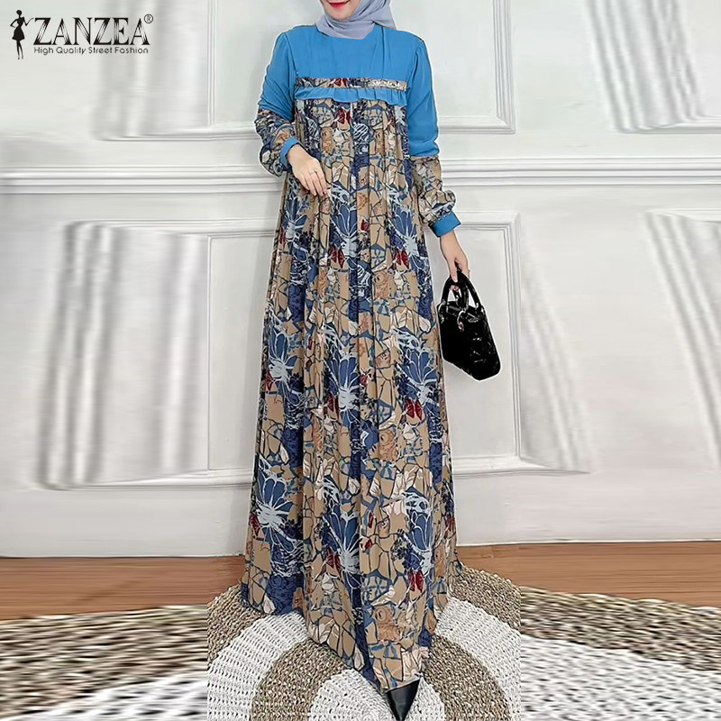 ZANZEA ใส่ ซานเซีย ผู้หญิงมุสลิม โอ-คอ รัฟเฟิล พิมพ์ชุดหลวมแขนยาวสี