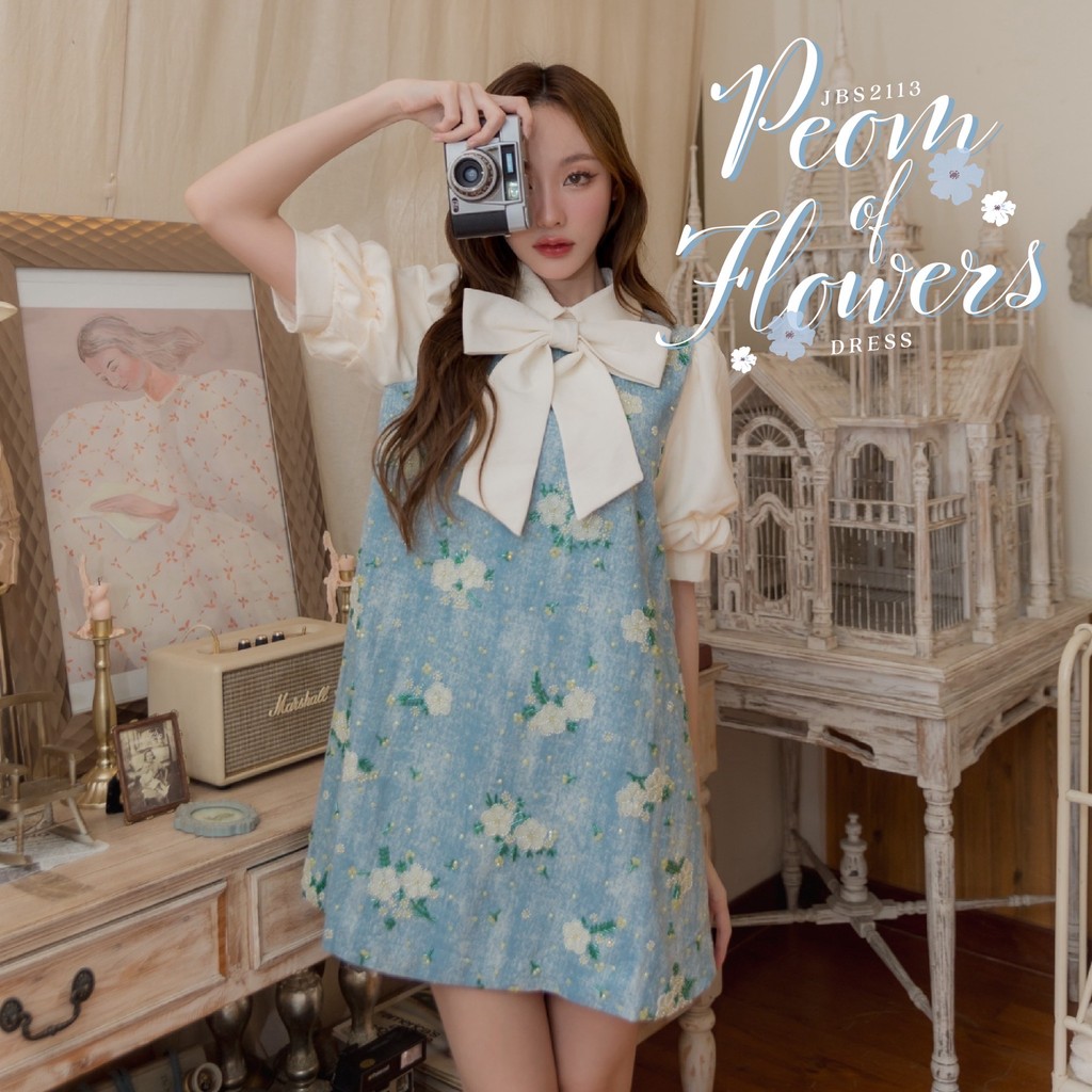 #JBS2113 Poem of flowers dress เดรสทรงปล่อยงานปัก