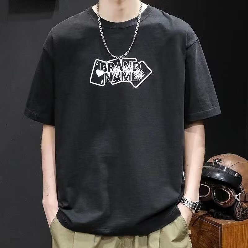 M-8XL American Retro Poker Card พิมพ์รอบคอแขนสั้นเสื้อยืดสําหรับชายอินเทรนด์เรียบง่ายและหลวมเสื้อยืด