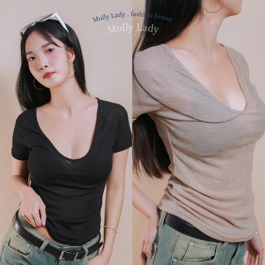❤️Molly Lady❤️ เสื้อซีทรู สามสี คอวีเอวโค้งทรงเข้ารูป แขนต่อผ้าสลาฟ  See-through Slub shirt