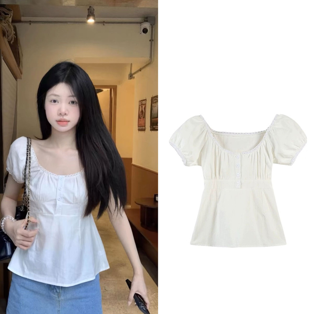 Dahong 💖 เสื้อยืดแขนสั้น สไตล์ใหม่ เสื้อครอปคอกว้างแขนสั้น เวอร์ชั่นเกาหลี w489