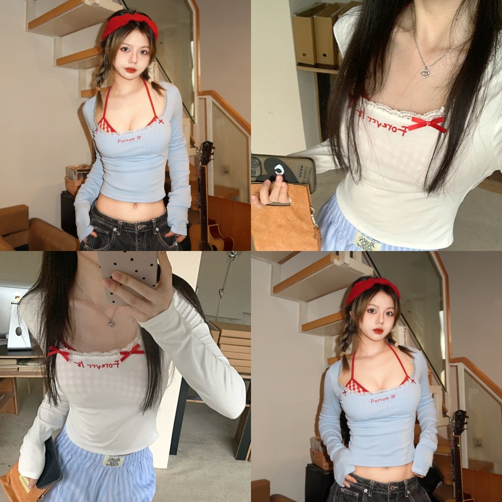 Evelyn ​เสื้อแขนยาว คอกลม เกาหลีมาก มีฟองน้ำดีเทลแต่สองขั้น สีสดใส สำหรับผู้หญิง สไตล์ลำลอง ใส่สบาย#FY5073