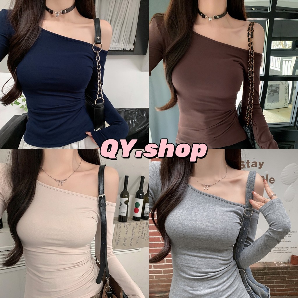 QY.Shop⭐️สินค้าราคาพิเศษ⭐️เสื้อเปิดไหล่แขนยาว ผ้านิ่มทิ้งตัว คาวาอี้ยืดตามตัว "FY789"