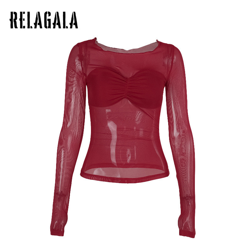 RELAGALA เสื้อแขนยาวซีทรูสตรีตาข่ายเซ็กซี่
