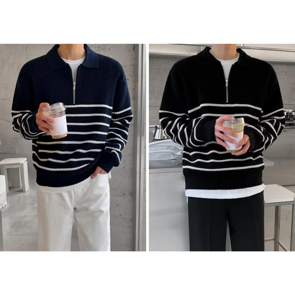 MNO.9 Sweater Z29 เสื้อสเวตเตอร์ไหมพรม แขนยาว คอปก แต่งซิป ลายทาง เสื้อกันหนาว เสื้อคลุมชาย สินค้าพร