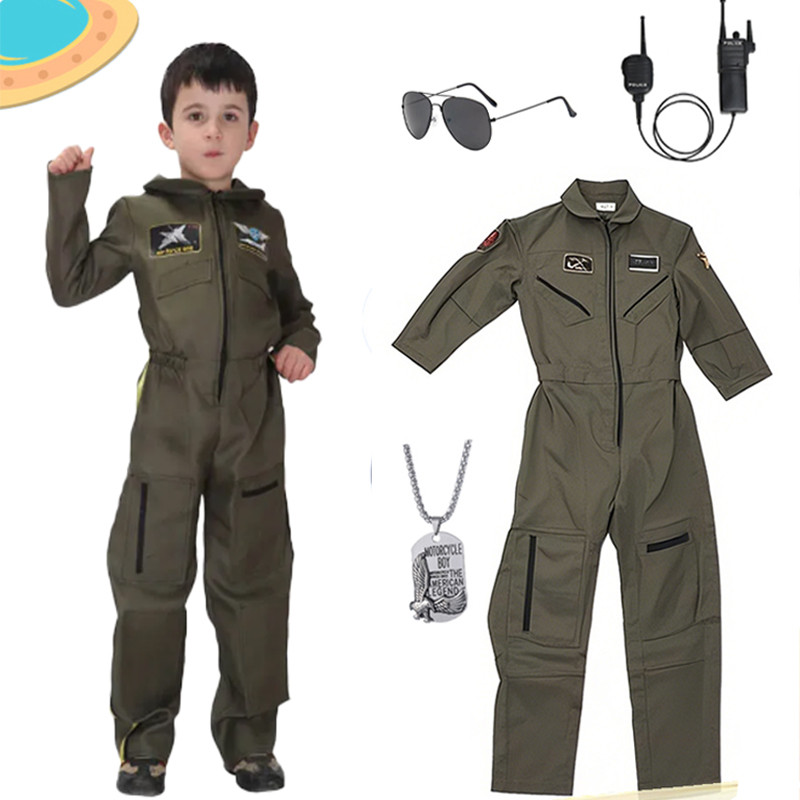 Pilot Flight Astronaut เครื่องแต่งกายสําหรับเด็กแขนยาวสีเขียว Space Air Force เครื่องแบบสร้อยคอแว่นตาชุด
