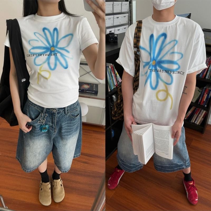 (จัดส่งตลอด 24 ชั่วโมง)เสื้อยืด Baby Tee เสื้อครอป เสื้อยืดลายดอกไม้กราฟิก THEWAYNEPRINCE แนวสตรีทเกาหลี ผ้าฝ้าย 100%