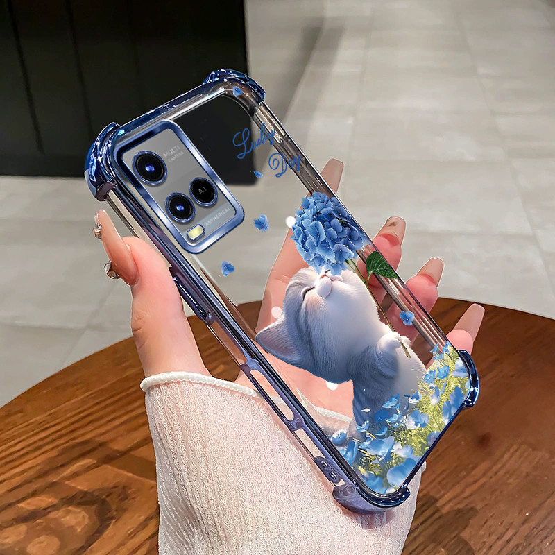 สําหรับVIVO Y21 Y21S Y33S 4G Y21A Y21Tเคสโทรศัพท์ดอกไม้แมวสี่มุมซิลิโคนTPUโปร่งใสSoft shell XH007