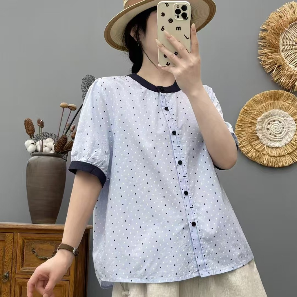 คุณภาพสูงผู้หญิงเสื้อเกาหลีรุ่นลายจุดเสื้อแขนสั้นผ้าฝ้าย 100% แขนสั้นฤดูร้อน ทรงหลวม ผอมอเนกประสงค์ ลดอายุ คอกลม