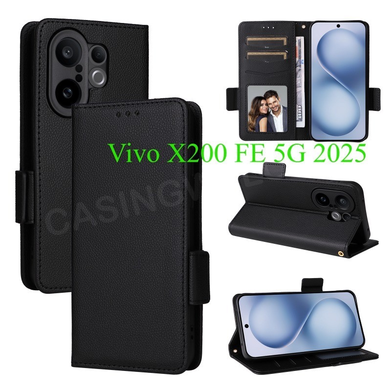 ปลอกสําหรับ Vivo X200 FE 5G V60 200 Ultra Pro X200Pro S30 Pro Mini Luxury Flip หนังด้านข้างหัวเข็มขัดลิ้นจี่เนื้อเคสโทรศัพท์ช่องใส่การ์ดกระเป๋าสตางค์ขาตั้งฝาครอบกันกระแทกโทรศัพท์