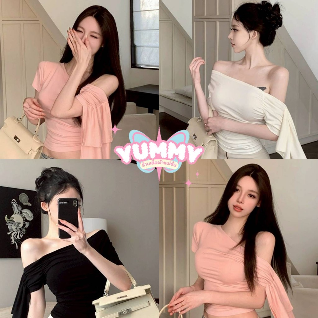 🎀Yummy Shop🎀พร้อมส่ง (FY3131#1) เสื้อแขนสั้นเปิดไหล่ ผ้านิ่มสีพาสเทลน่ารัก ปลายแขนปล่อยเก๋ๆ