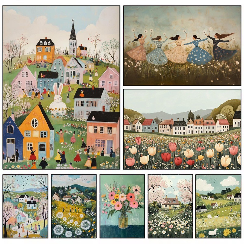 Vintage Spring Village Easter Bunny Farmhouse Country ภูมิทัศน์โปสเตอร์ผ้าใบภาพวาด Wall Art ภาพตกแต่งบ้านของขวัญ