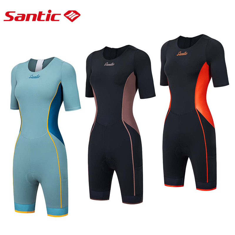 Santic Triathlon Suit for Women Short Sleeve Cushion Trisuit Quick-Dry for Swim Bike Run KL25C03029