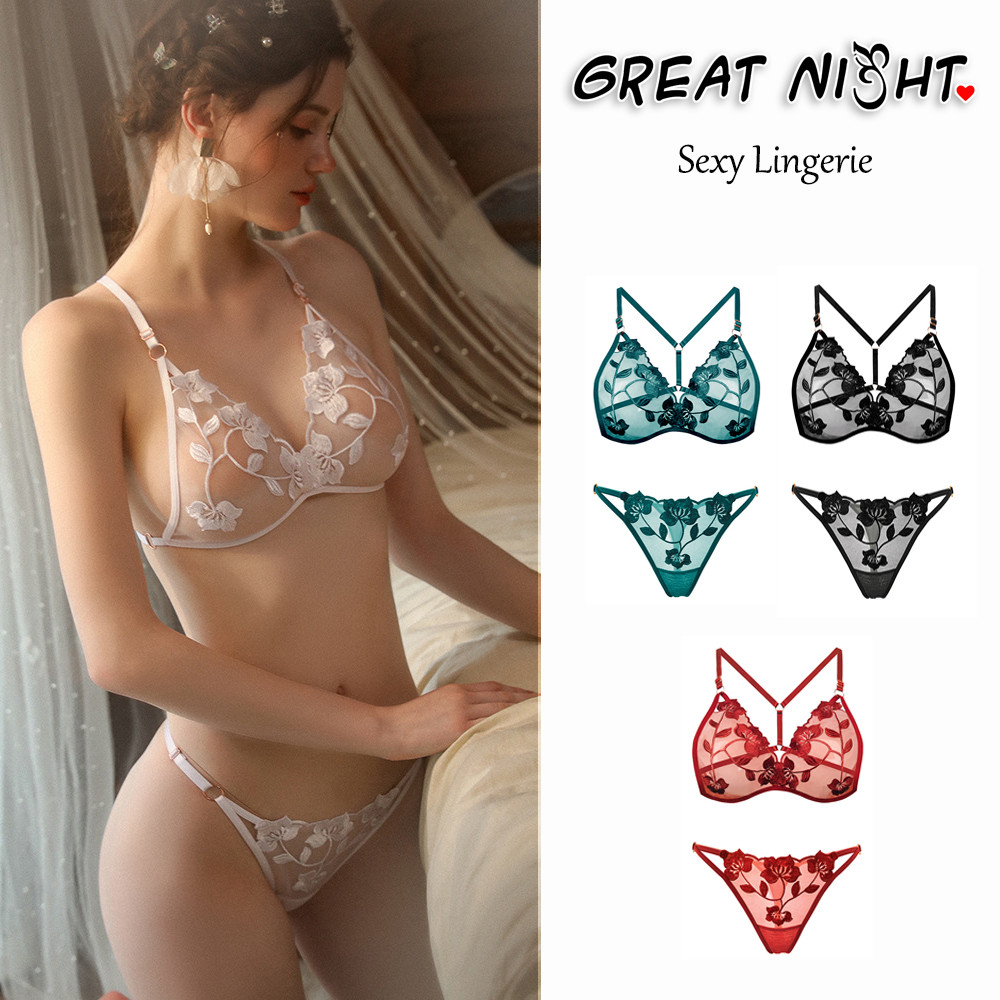 😍Great Night😍sexy lingerie งานปัก มีหลายสีให้เลือก สไตล์ยุโรป ลูกไม้ ผ้าทูล บราเซ็กซี่ ผ้าซีทรู ระบายอากาศ