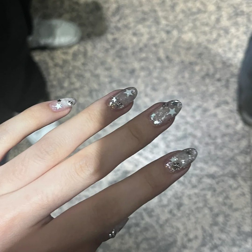 Pure Handmade Star เล็บ ODDO กระพริบเพชรโปร่งใสสีขาวกระพริบ Star ลูกปัดแก้ว Cat Eye สวมใส่เล็บบรรยาก