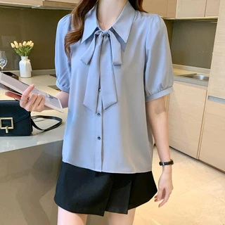 S-2XL เสื้อเชิ้ตทำงานผู้หญิงผูกโบว์หลวมบางแขนสั้นเสื้อชีฟอง