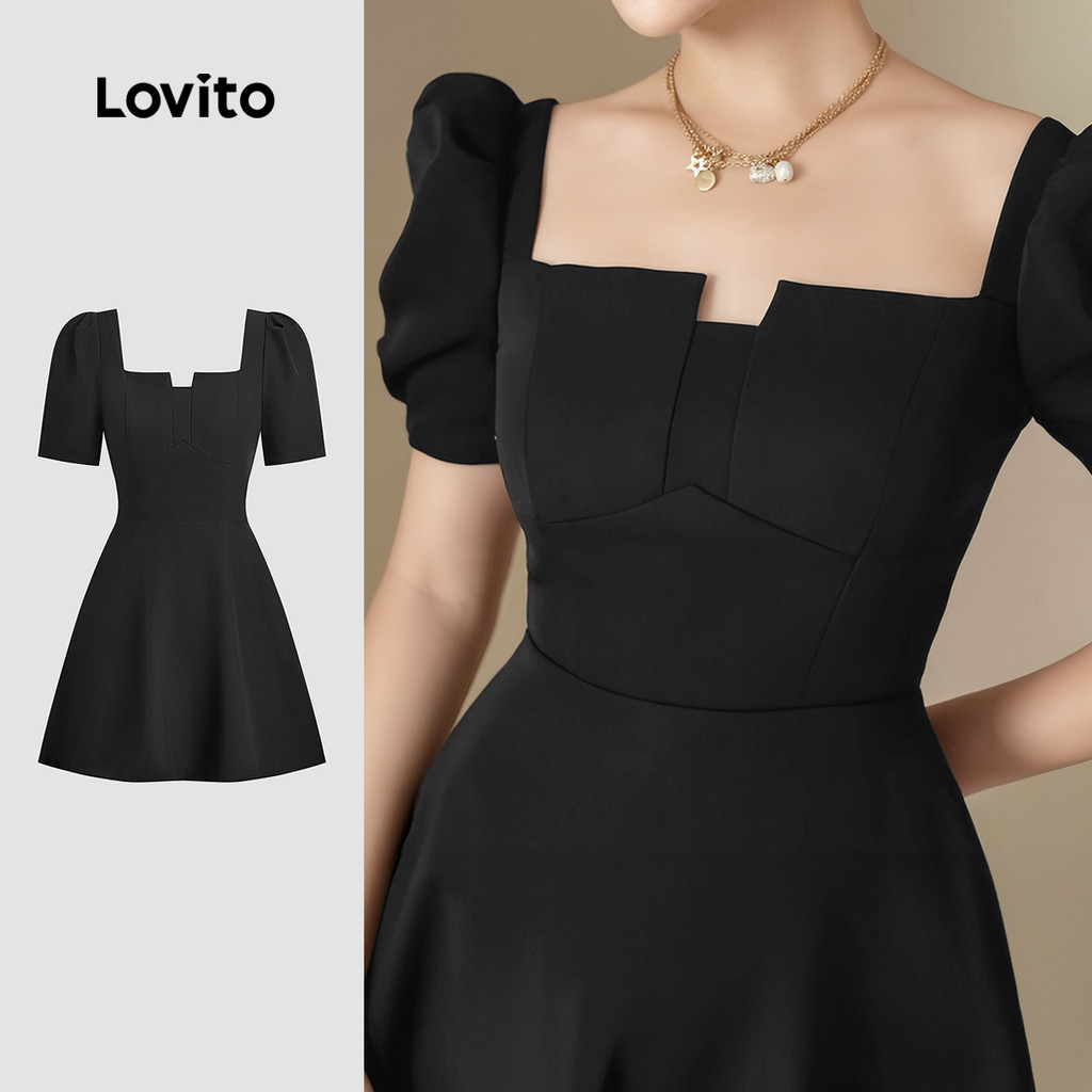 Lovito ชุดเดรสหรูหราแบบเปิดหลัง สีดำ สบาย ๆ สำหรับฤดูใบไม้ผลิ/ฤดูร้อน สตรี L137ED306