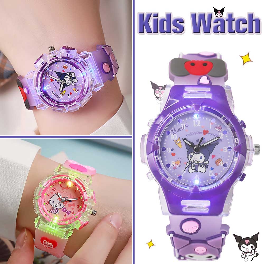 Sanrio นาฬิกาเด็ก 3D ไฟ LED Dial ลาย Kuromi, Cinnamoroll และ Hello Kitty สายซิลิโคนปลอดภัย ของขวัญสำหรับน้องสาวหรือนักเรียน