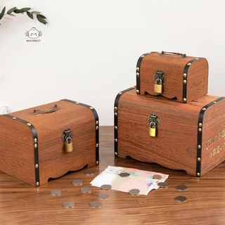 {maybest} 1 ชุด Vintage Treasure กล่องเก็บไม้หีบสมบัติพร้อมล็อค Piggy Bank Organizer กล่องประหยัดสําหรับตกแต่งบ้าน {TH}