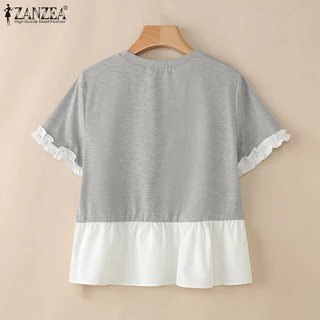ZANZEA สไตล์เกาหลียอดนิยม เสื้อลูกเรือแขนสั้น ขอบกระพุ้งแขนและซ้ายContrast เสริมลุคเก๋ไก๋