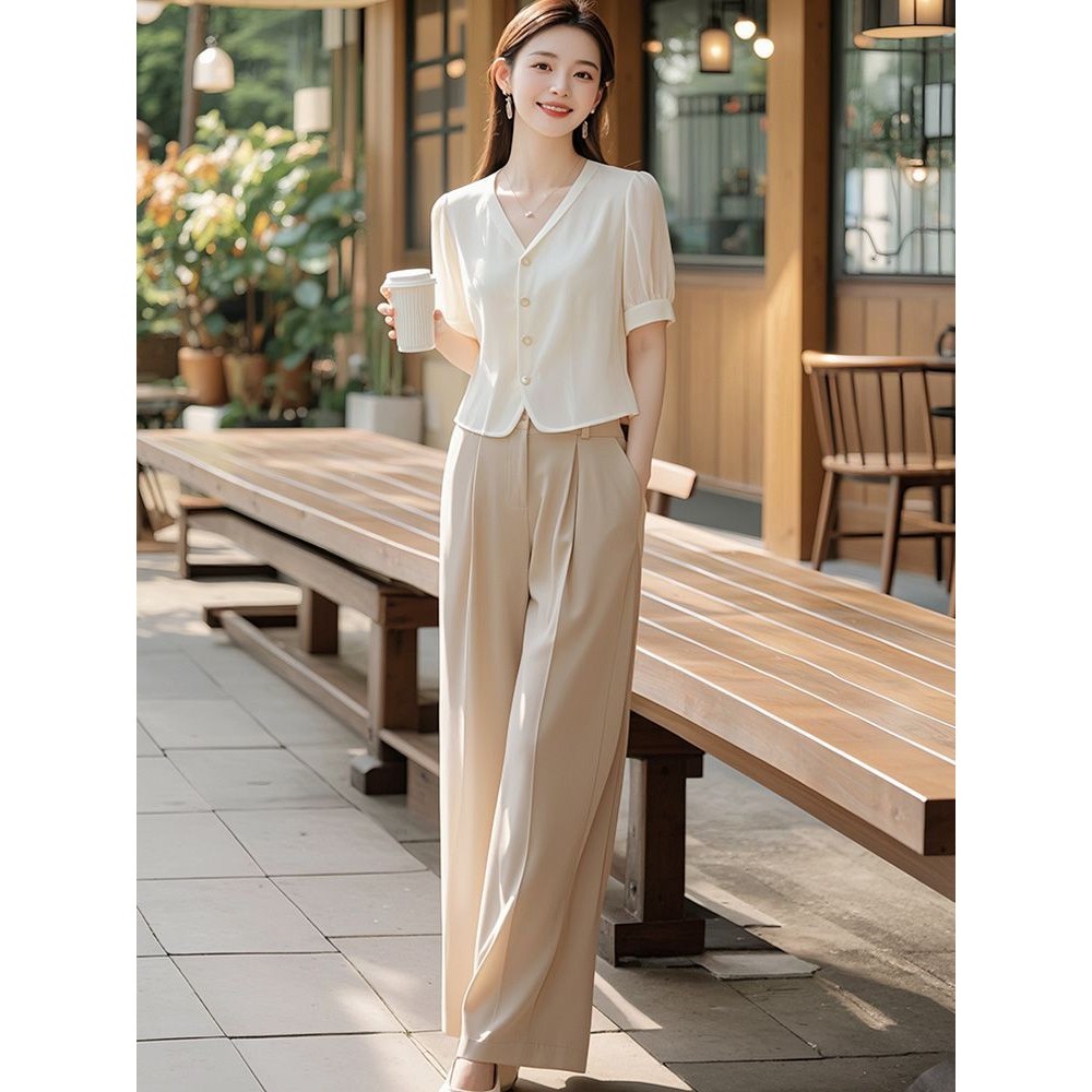 ไขมันเล็กน้อย MMV คอปกอารมณ์เสื้อแขนสั้นเสื้อฤดูร้อนฝรั่งเศสที่สวยงามเฉพาะแฟชั่นกางเกงสูท 25722