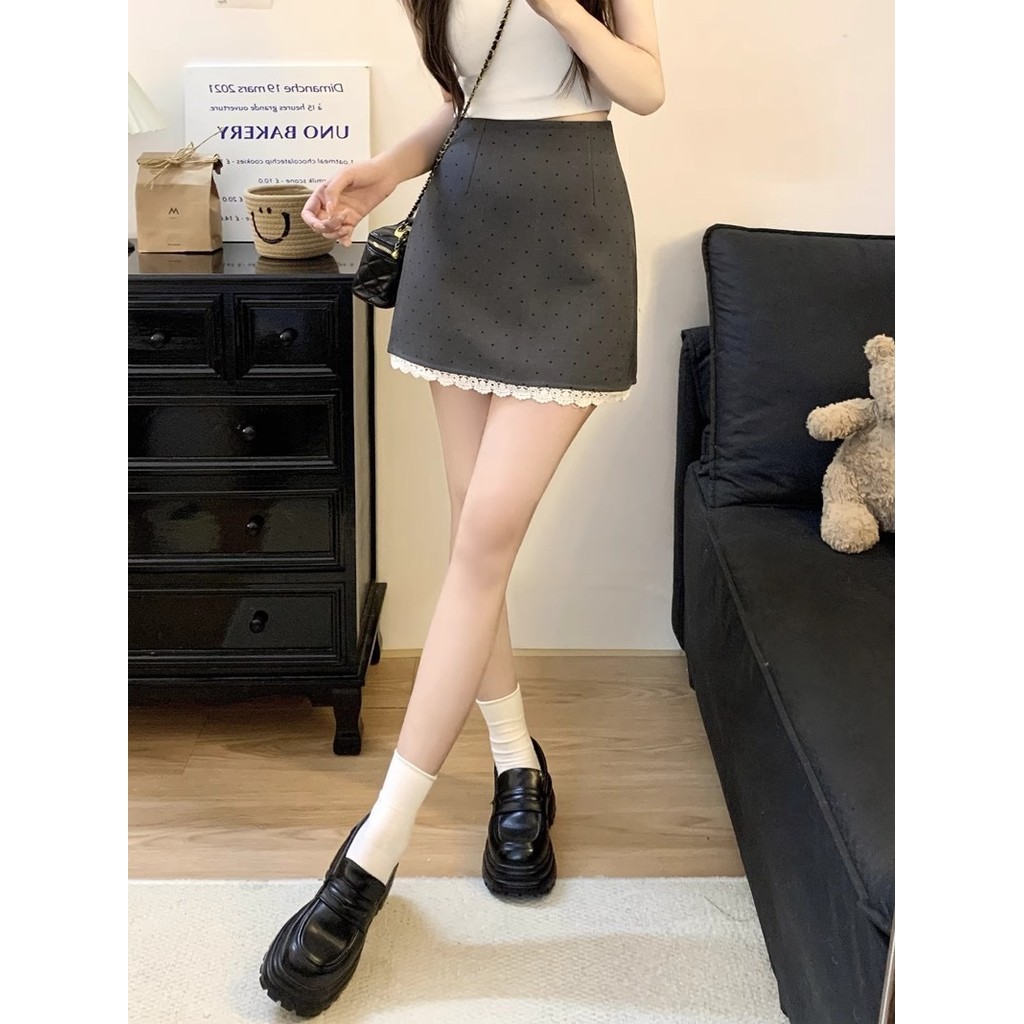รุ่นยอดฮิต Short polka dot skirt กระโปรงขาสั้น กระโปรงลายจุด แต่งลูกไม้ สาวไซซ์เล็ก สาวอวบใส่ได้ รูปที่ 5