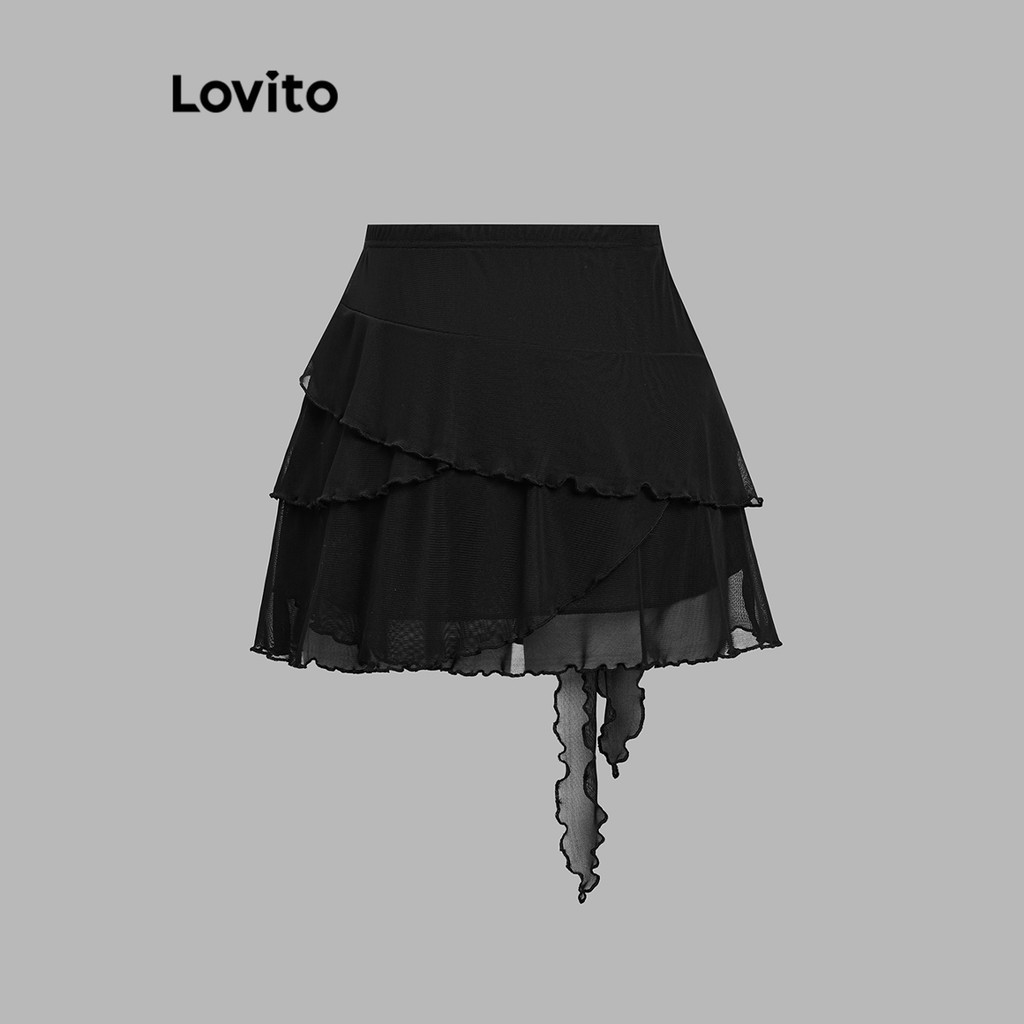 (Trendy) Lovito กระโปรงลําลองกระโปรงชายระบายธรรมดาเดรปสําหรับผู้หญิง L110AD213