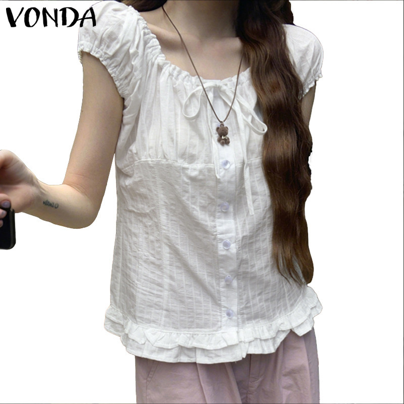 VONDA เสื้อผ้าสไตล์เกาหลีสำหรับผู้หญิง ออกแบบหวานๆ คอพัฟ แขนลายลุค อัปโบว์ ขอบระบาย