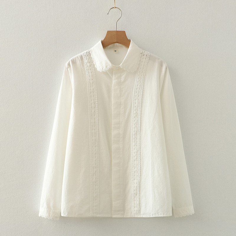 เสื้อแขนยาวผ้าฝ้ายแท้ลูกไม้สีขาว สไตล์วรรณกรรมสําหรับผู้หญิง ใส่ได้หลายโอกาส