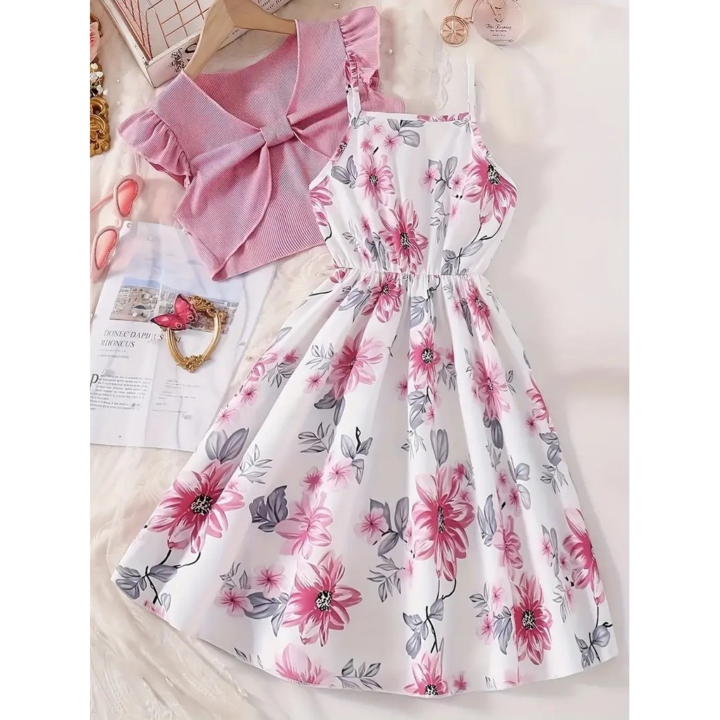 ชุดเด็กโต 5-13 ปี เสื้อแขนสั้น + ชุดเดรสบัวสองชิ้น ชุดวันเด็กเปิดเทอม