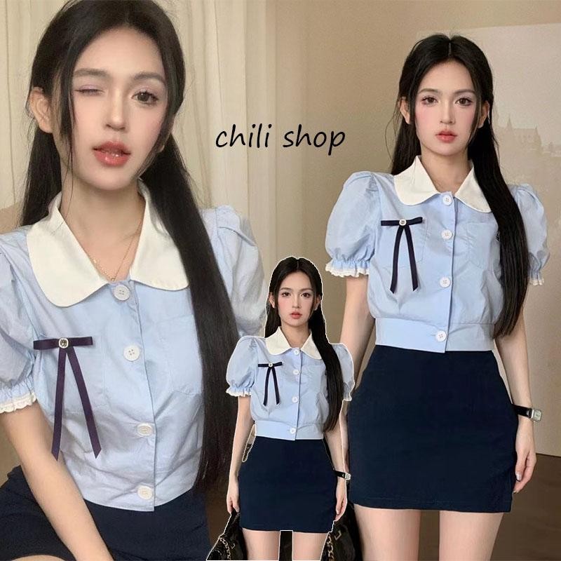 Chili-เสื้อเชิ้ตผู้หญิงแขนสั้นคอปกตุ๊กตาฤดูร้อนแขนพองสีน้ำเงินและผูกโบว์-99112