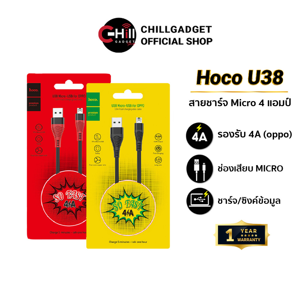 Hoco U38 สายชาร์จ Micro สำหรับ OPPO ชาร์จเร็ว 4 แอมป์ พร้อมประกัน 1 ปี