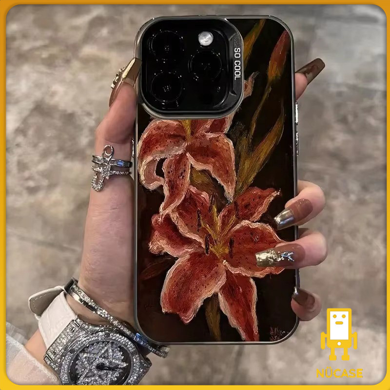 Retro สวย Lily ดอกไม้พิมพ์เคสโทรศัพท์สําหรับ iPhone 11 12 13 14 15 16 Pro Max 16E X XS XR 7 8 Plus Hard IMD ฝาครอบ